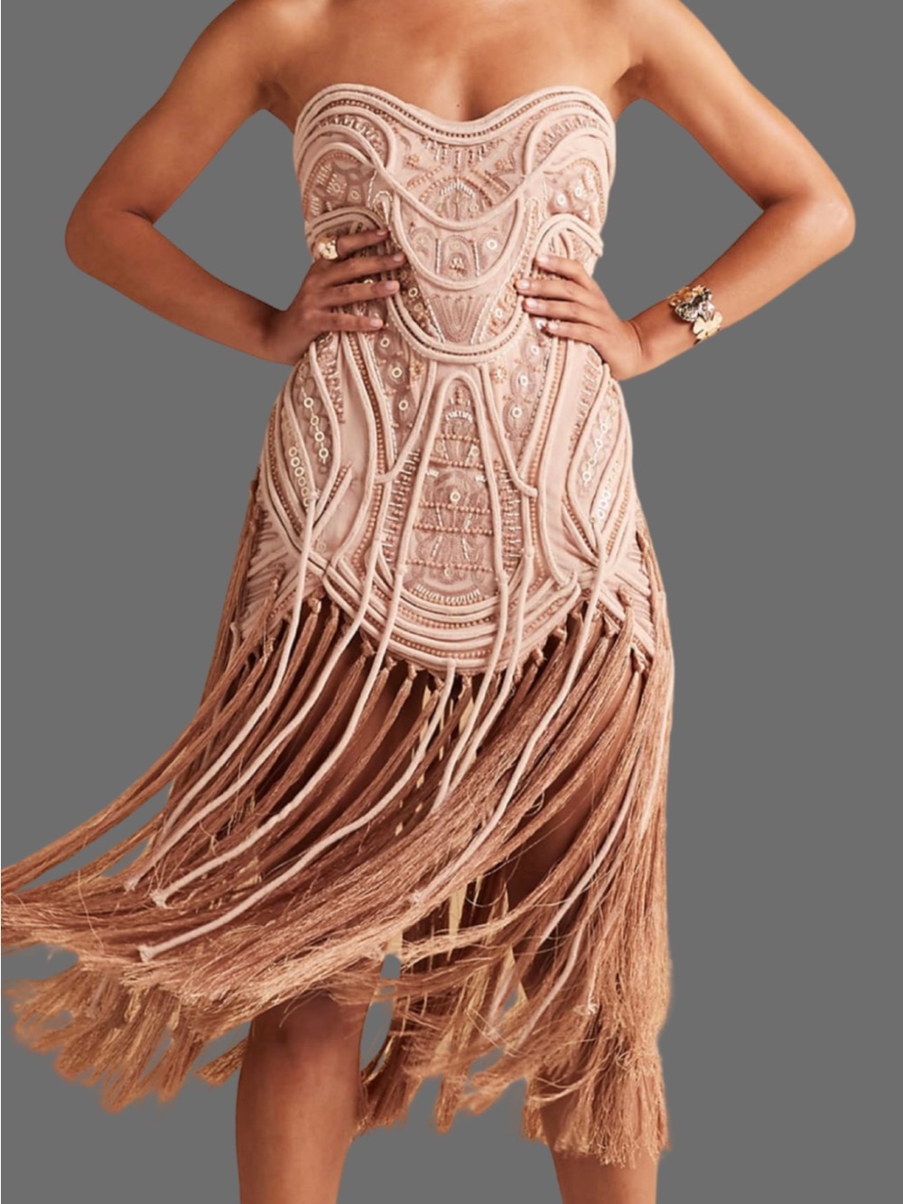 ASOS DESIGN embellished bandeau mini dress with fringe hem in Golden/Bronze sz 8